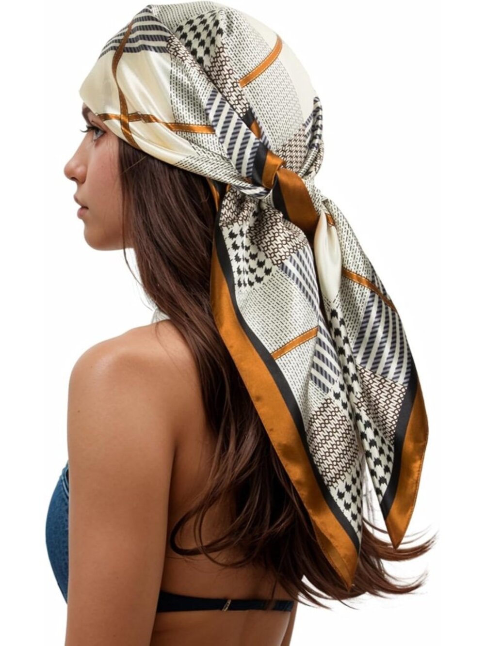 Women's Cream Printed Square Scarf Bandanas Hair Scarf 35 Inches